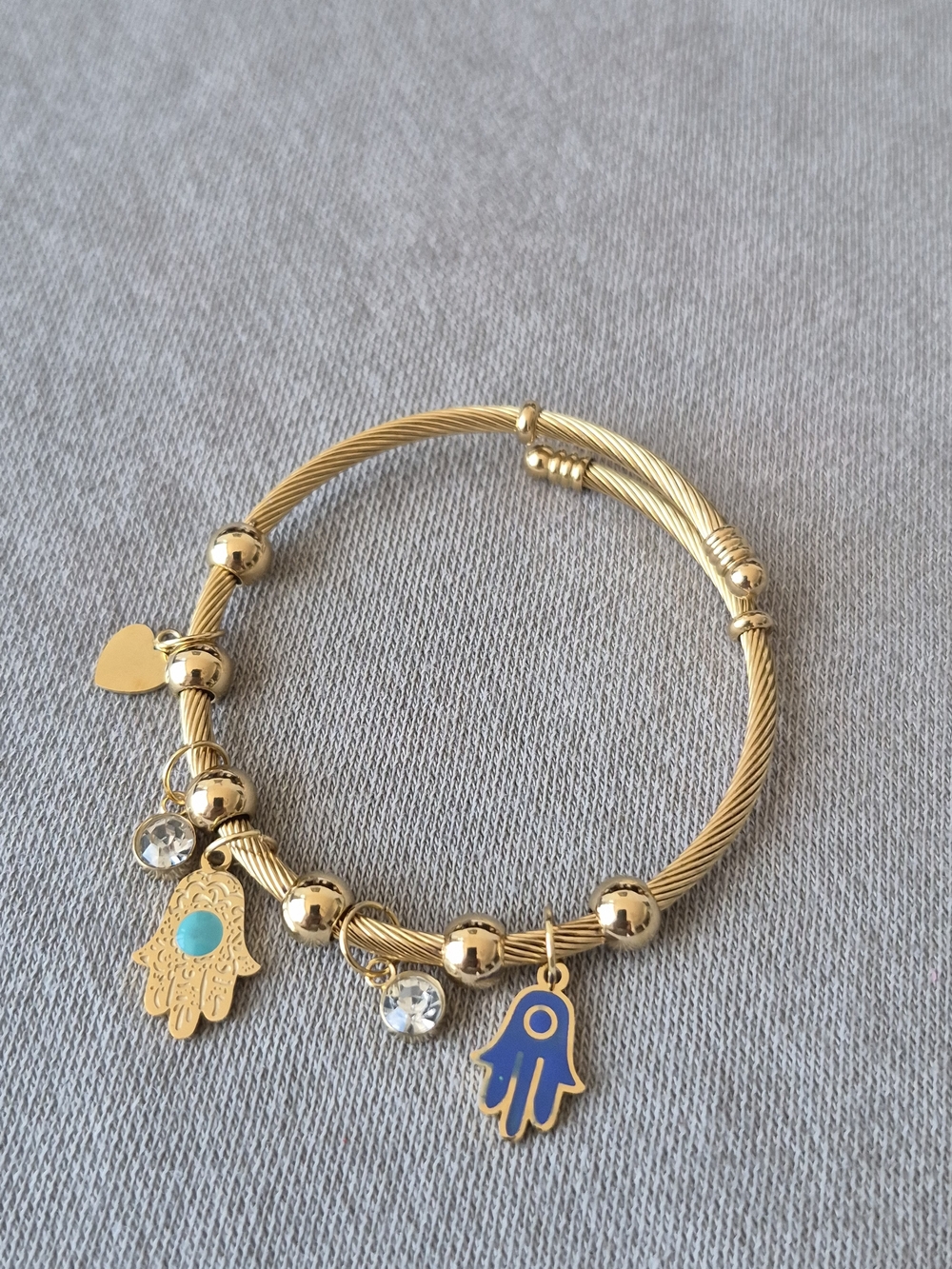 Gold-Plated Hamsa Charm Bracelet with Blue and Turquoise Accents